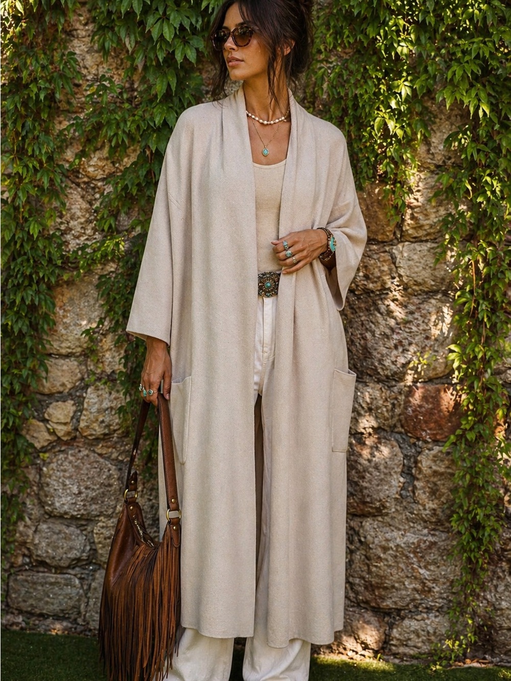 NWT ZARA Draped Quiet Luxury Minimalist Longline Tan Open Cardigan Sweater, M
